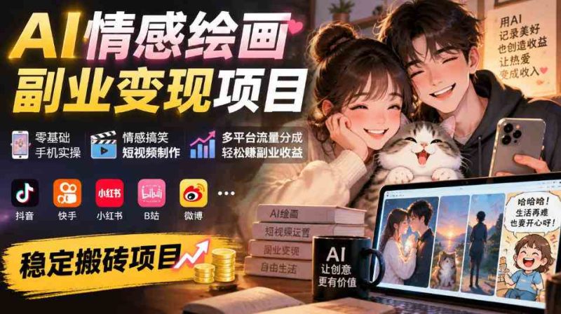 AI情感绘画副业变现项目|零基础手机实操,情感搞笑短视频制作,多平台流量分成轻松賺副业收益网赚项目-副业赚钱-互联网创业-资源整合青创网