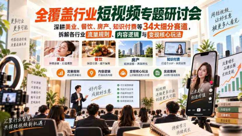 短视频专题研讨会，深耕美业、餐饮、房产、知识付费等34大细分赛道，拆解各行业流量规则、内容逻辑与变现核心玩法（更新1011）网赚项目-副业赚钱-互联网创业-资源整合青创网