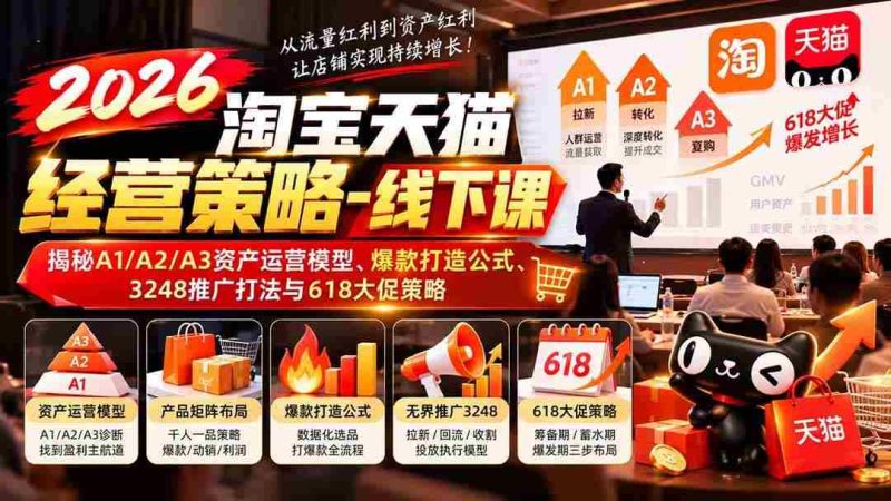 （20912期）2026淘宝天猫经营策略-线下课：揭秘A1/A2/A3资产运营模型、爆款打造公式、3248推广打法与618大促策略网赚项目-副业赚钱-互联网创业-资源整合青创网