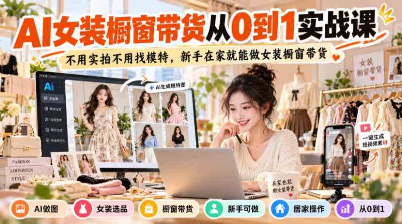AI女装橱窗带货从0到1实战课,不用实拍不用找模特,新手在家就能做女装橱窗带货网赚项目-副业赚钱-互联网创业-资源整合青创网
