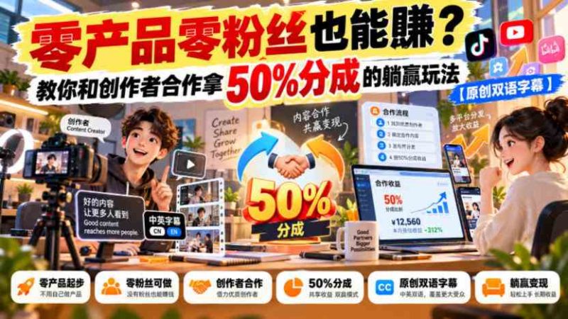 【无水印】零产品零粉丝也能賺?教你和创作者合作拿50%分成的躺赢玩法【原创双语字幕】网赚项目-副业赚钱-互联网创业-资源整合青创网