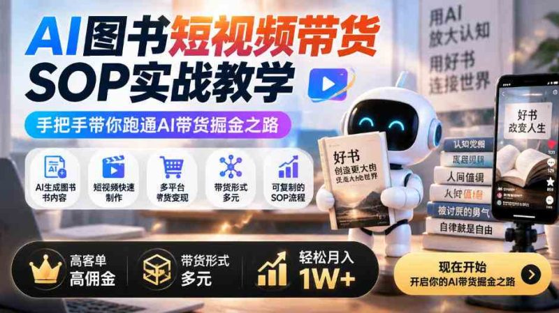 AI图书短视频带货SOP实战教学，手把手带你跑通AI带货掘金之路，高客单高佣金，带货形式多元，轻松月入1W+（完结）网赚项目-副业赚钱-互联网创业-资源整合青创网