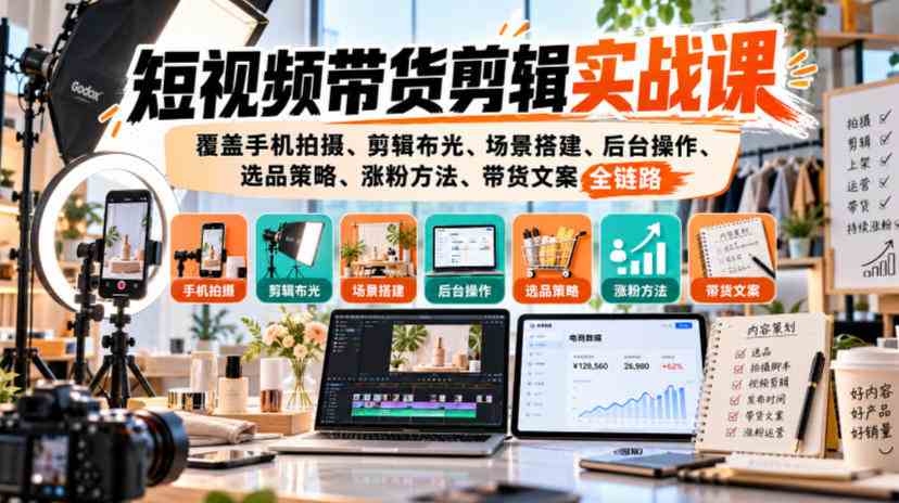 短视频带货剪辑实战课，覆盖手机拍摄、剪辑布光、场景搭建、后台操作、选品策略、涨粉方法、带货文案全链路网赚项目-副业赚钱-互联网创业-资源整合青创网