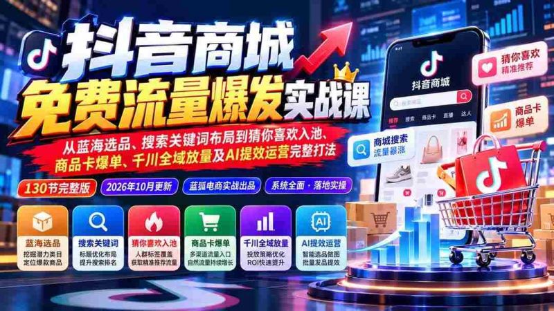 (20959期)抖音商城免费流量爆发实战:从蓝海选品、搜索关键词布局到猜你喜欢入池、商品卡爆单、千川全域放量及AI提效完整打法网赚项目-副业赚钱-互联网创业-资源整合青创网