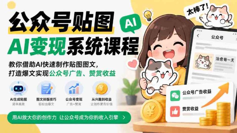 公众号贴图AI变现系统课程｜教你借助AI快速制作贴图图文，打造爆文实现公众号广告、赞赏收益网赚项目-副业赚钱-互联网创业-资源整合青创网