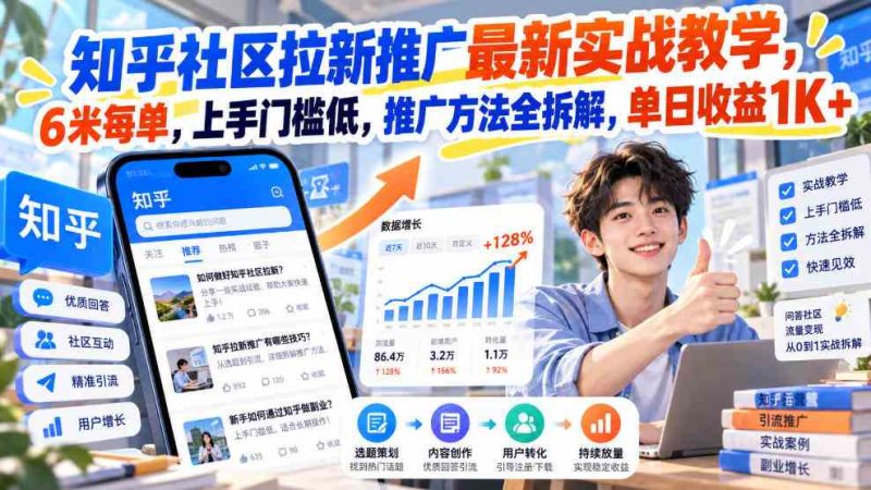 知乎社区拉新推广最新实战教学，6米每单，上手门槛低，推广方法全拆解，单日收益1K+！（更新1015）网赚项目-副业赚钱-互联网创业-资源整合青创网
