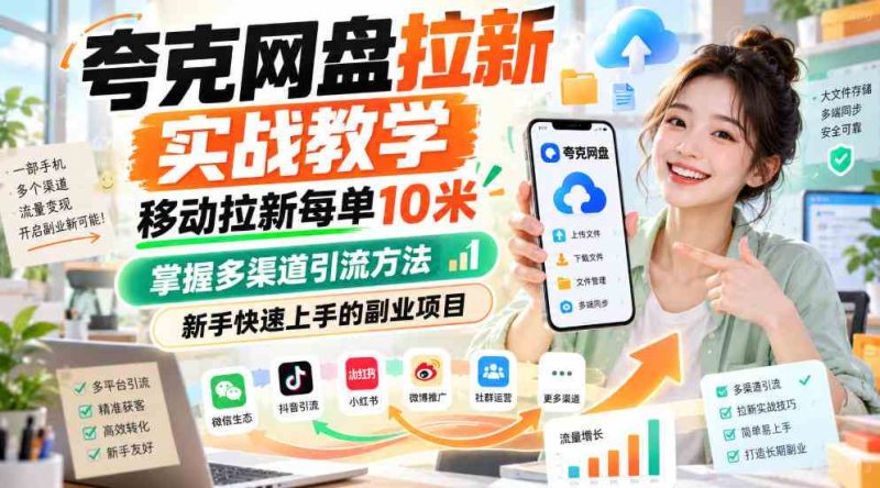 夸克网盘拉新实战教学，移动拉新每单10米，掌握多渠道引流方法，新手快速上手的副业项目（更新1017）网赚项目-副业赚钱-互联网创业-资源整合青创网
