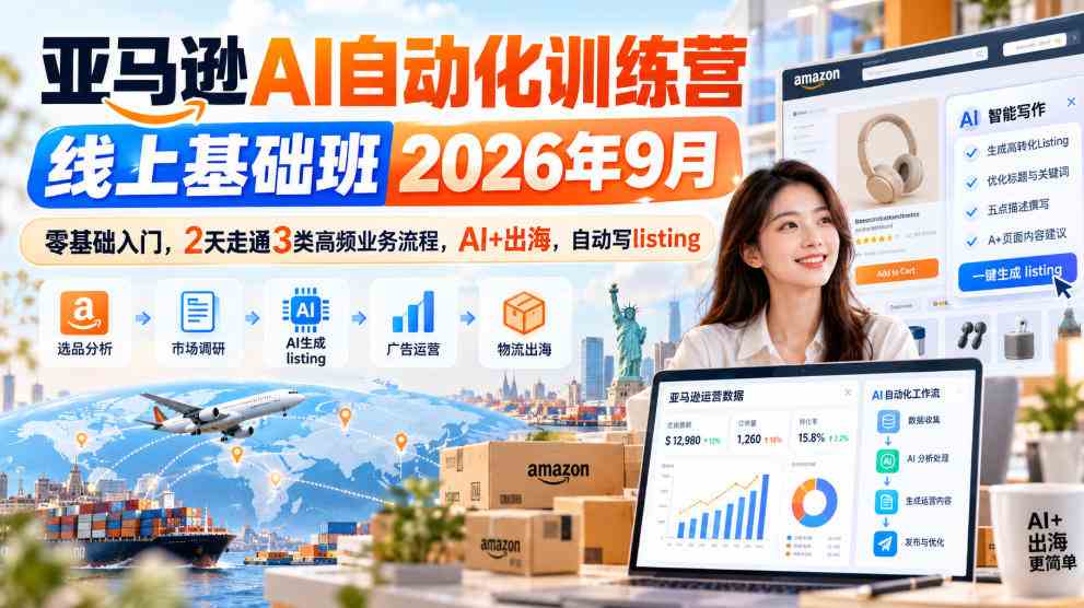 亚马逊AI自动化训练营线上基础班2026年9月，零基础入门，2天走通3类高频业务流程，AI+出海，自动写listing（更新1017）网赚项目-副业赚钱-互联网创业-资源整合青创网