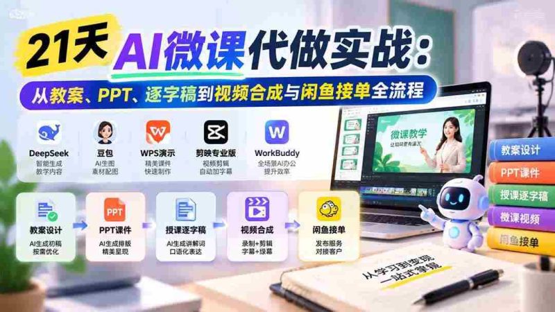 (21065期)21天AI微课代做实战:从教案、PPT、逐字稿到视频合成与闲鱼接单全流程网赚项目-副业赚钱-互联网创业-资源整合青创网