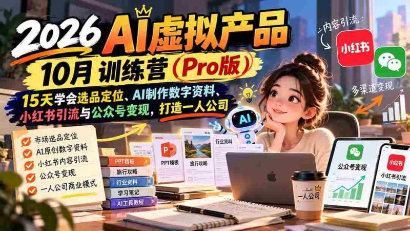 (21054期)2026AI虚拟产品10月训练营(Pro版):15天学会选品定位、AI制作数字资料、小红书引流与公众号变现,打造一人公司网赚项目-副业赚钱-互联网创业-资源整合青创网