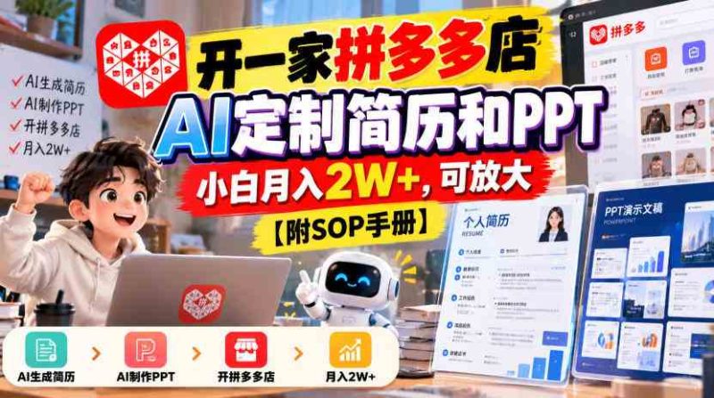 开一家拼多多店,AI定制简历和PPT,小白月入2W+,可放大【附SOP手册】【揭秘】网赚项目-副业赚钱-互联网创业-资源整合青创网