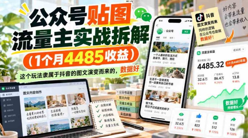 公众号贴图流量主实战拆解(1个月4485收益)，这个玩法隶属于抖音的图文演变而来的，数据好网赚项目-副业赚钱-互联网创业-资源整合青创网