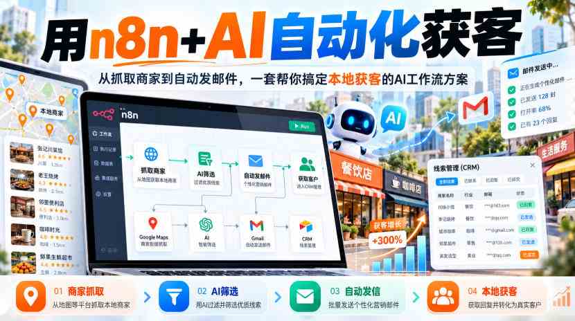【无水印】用n8n+AI自动化获客，从抓取商家到自动发邮件，一套帮你搞定本地获客的AI工作流方案【原创双语字幕】网赚项目-副业赚钱-互联网创业-资源整合青创网