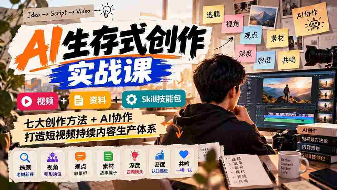 （21081期）AI生存式创作实战课：视频+资料+Skill技能包，七大创作方法+AI协作，打造短视频持续内容生产体系网赚项目-副业赚钱-互联网创业-资源整合青创网
