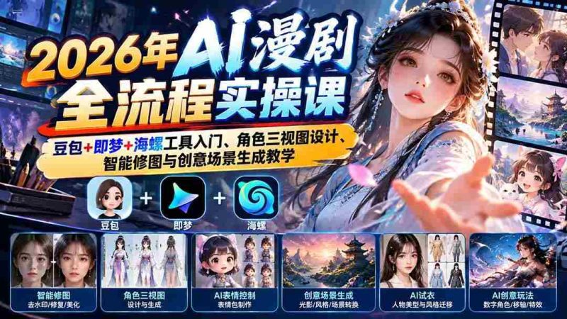 （21077期）2026年AI漫剧全流程实操课：豆包+即梦+海螺工具入门、角色三视图设计、智能修图与创意场景生成教学网赚项目-副业赚钱-互联网创业-资源整合青创网