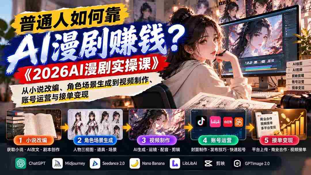 （21173期）普通人如何靠AI漫剧赚钱？《2026AI漫剧实操课》从小说改编、角色场景生成到视频制作、账号运营与接单变现