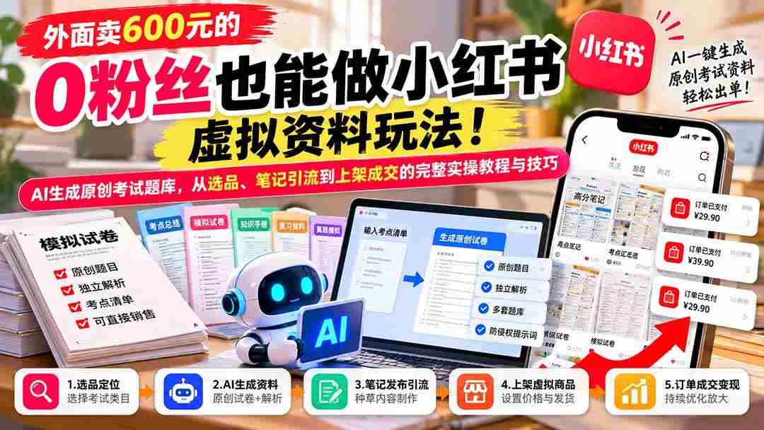（21181期）外面卖600元的 零粉丝也能做小红书虚拟资料玩法！AI生成原创考试题库，从选品、笔记引流到上架成交的完整实操教程