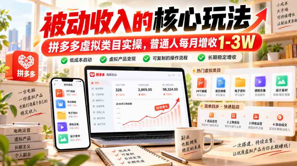 被动收入的核心玩法，拼多多虚拟类目实操，普通人每月增收1-3W【揭秘】