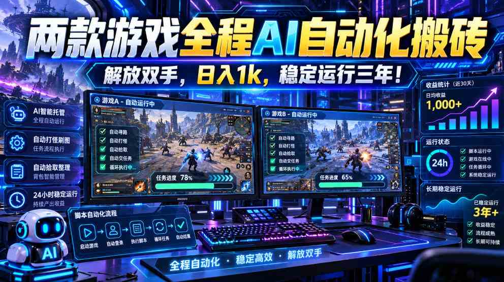两款游戏全程AI自动化搬砖，解放双手，日入1k，稳定运行三年！【揭秘】