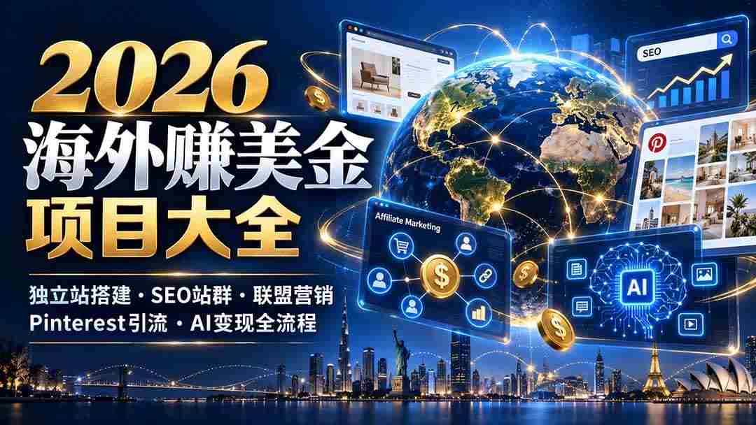（21200期）2026海外赚美金项目大全：独立站搭建、SEO站群、联盟营销、Pinterest引流与AI变现全流程